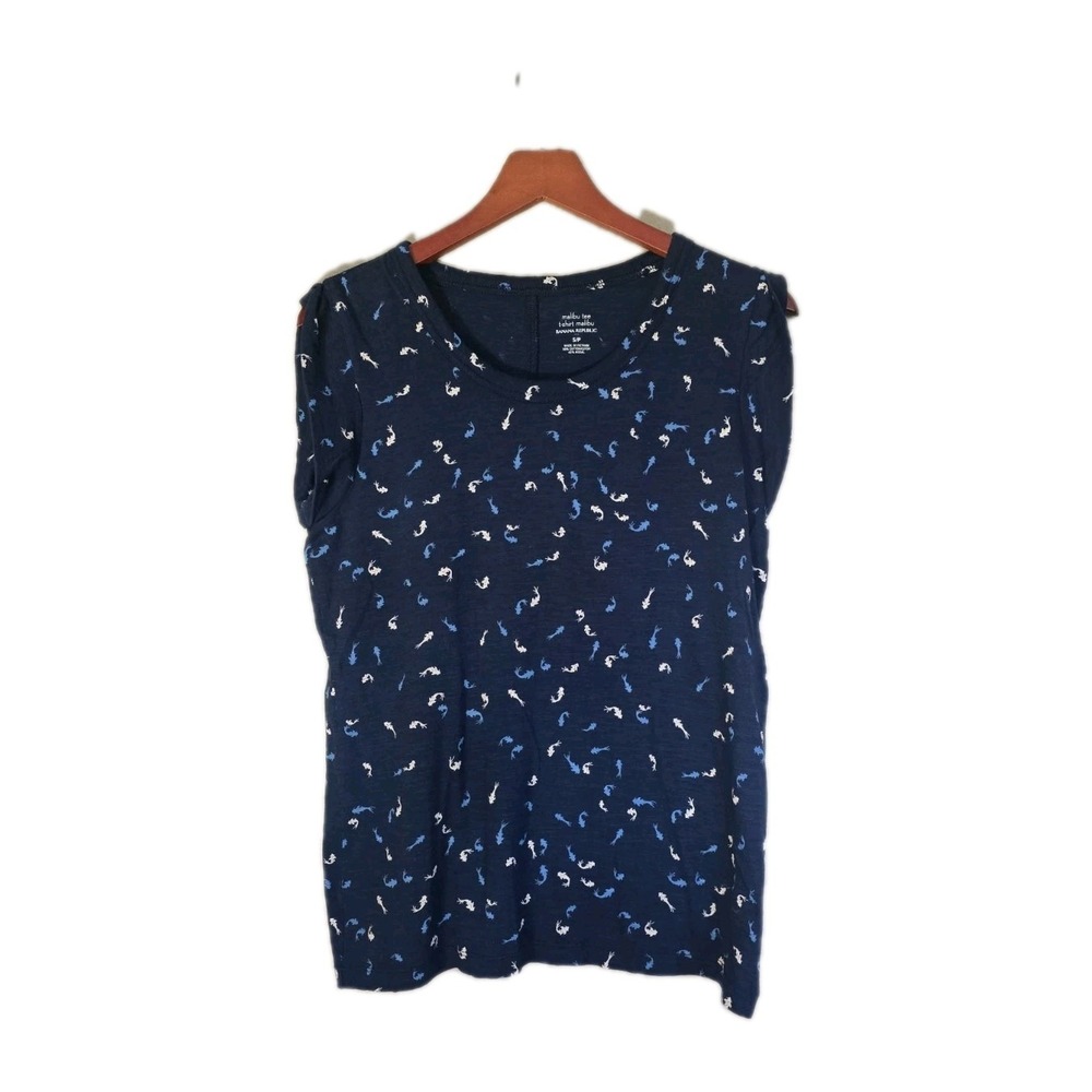 Banana Republic Malibu Tee Women's Shark AOP Blue Shirt Modal Beach Ocean Small
